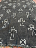 Vintage African Black Mudcloth 62” L x 42” W Textile Ankh Symbol Motif | No. 117