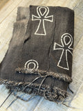 Vintage African Black Mudcloth 62” L x 42” W Textile Ankh Symbol Motif | No. 117