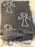 Vintage African Black Mudcloth 62” L x 42” W Textile Ankh Symbol Motif | No. 117