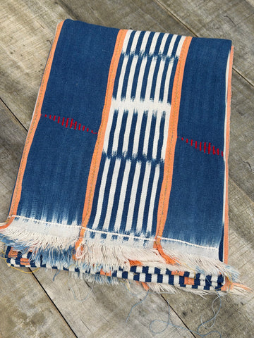 Vintage African Indigo Baule Mudcloth 57” L x 42” W Orange Stripes | No. 125
