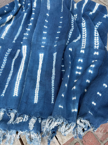 Vintage African Indigo Denim Shibori Mudcloth 61” L x 46” W Textile | No. 180