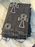 Vintage African Black Mudcloth 62” L x 42” W Textile Ankh Symbol Motif | No. 117