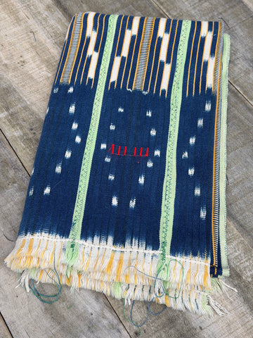 Vintage African Indigo Baule Mudcloth Lime Stripes 57”L x 37”W Textile | No. 124