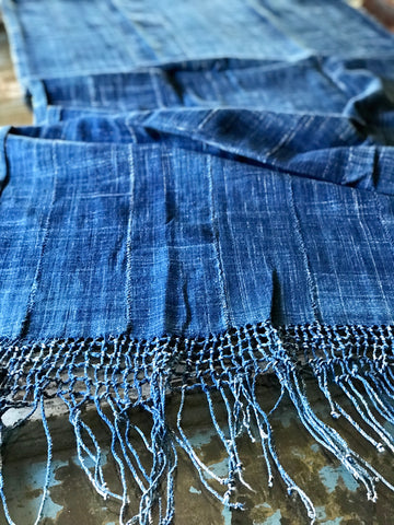 Vintage African Denim Mossi Macramé Indigo Mudcloth Scarf | Runner