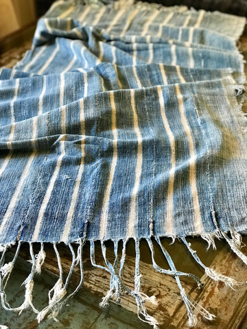 Vintage African Faded Denim Striped Indigo Mudcloth | Runner